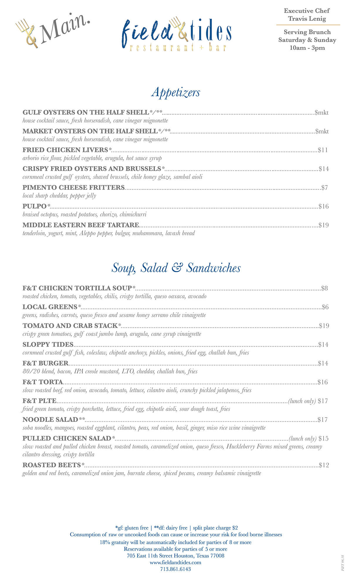 Menu Field and Tides Restaurant & Bar Houston Heights, Texas