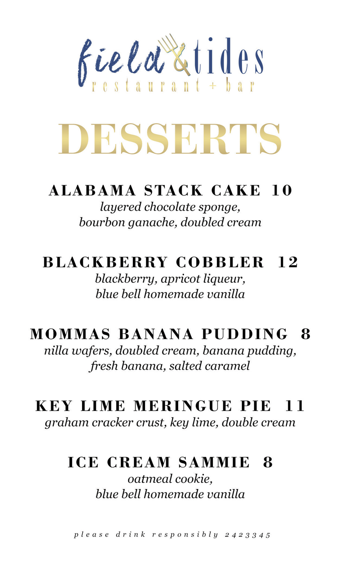 Menu Field and Tides Restaurant & Bar Houston Heights, Texas