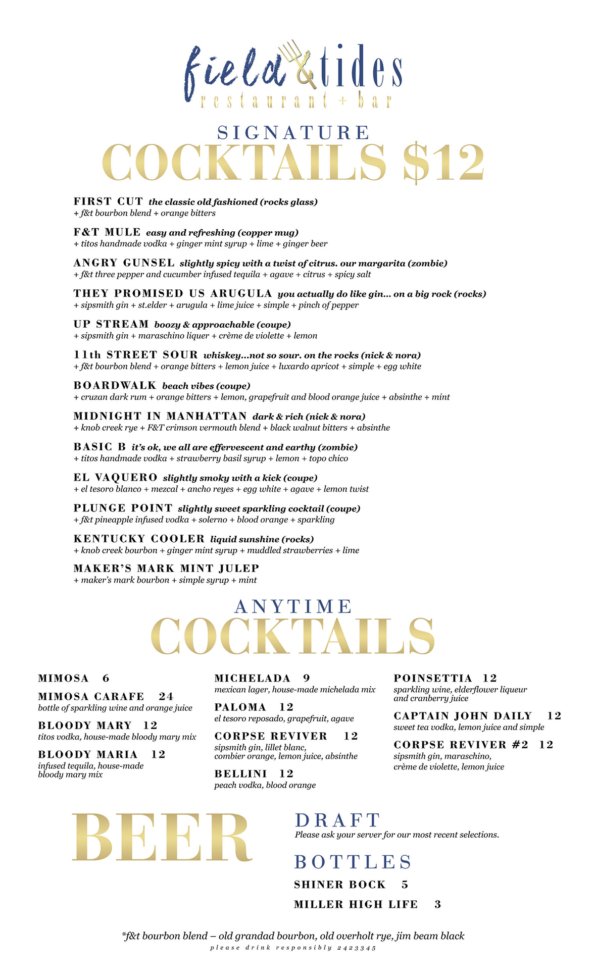 Menu Field and Tides Restaurant & Bar Houston Heights, Texas