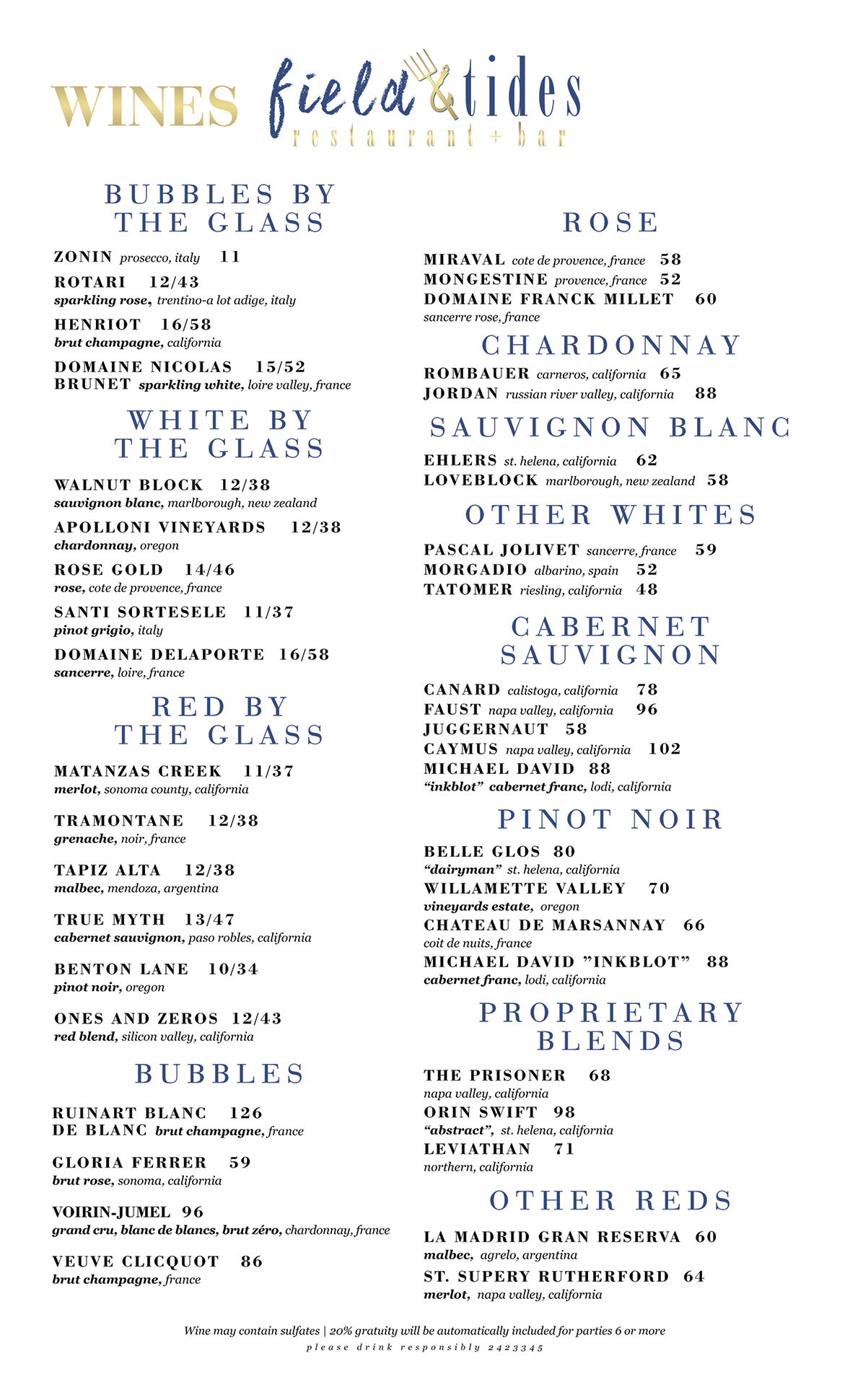 Menu Field and Tides Restaurant & Bar Houston Heights, Texas