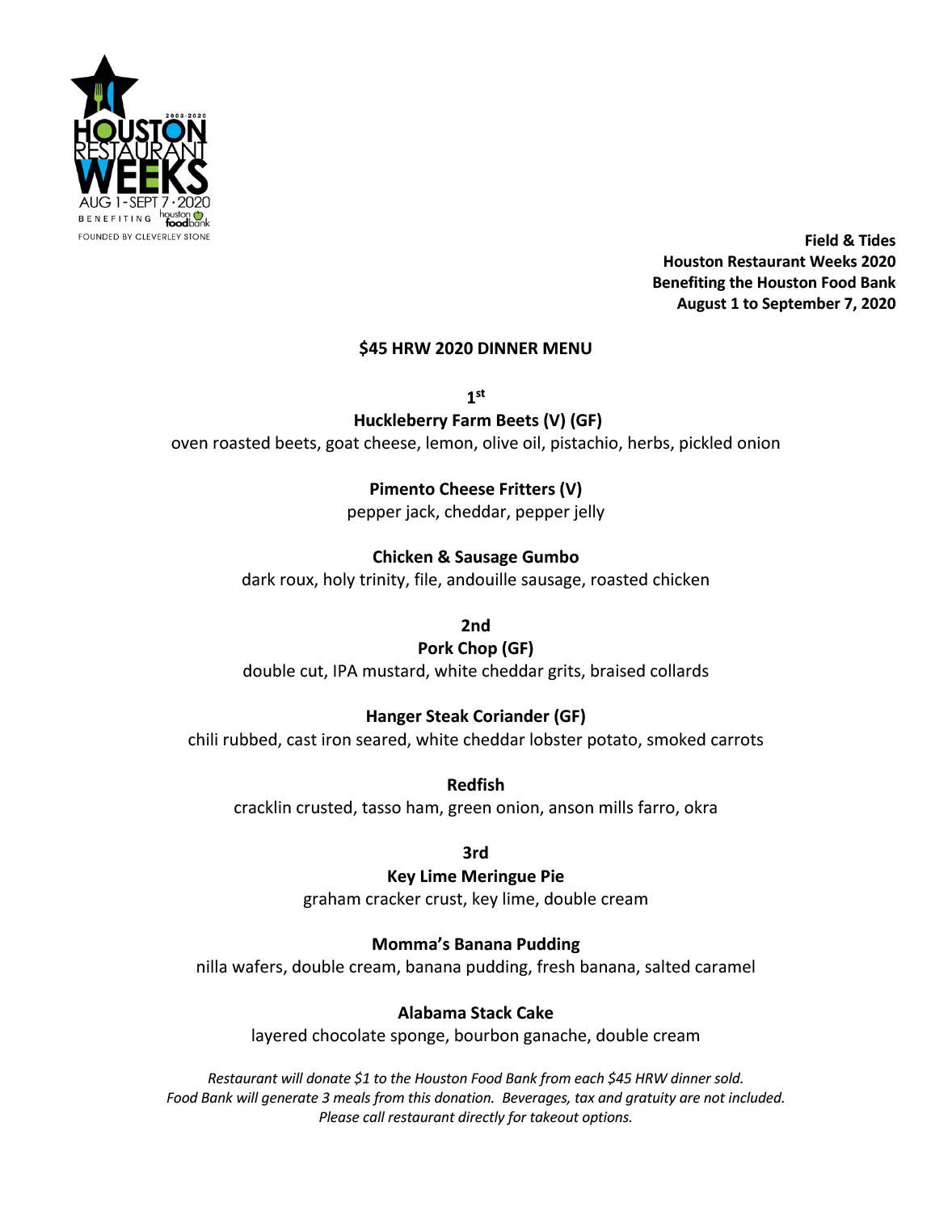 Menu Field and Tides Restaurant & Bar Houston Heights, Texas