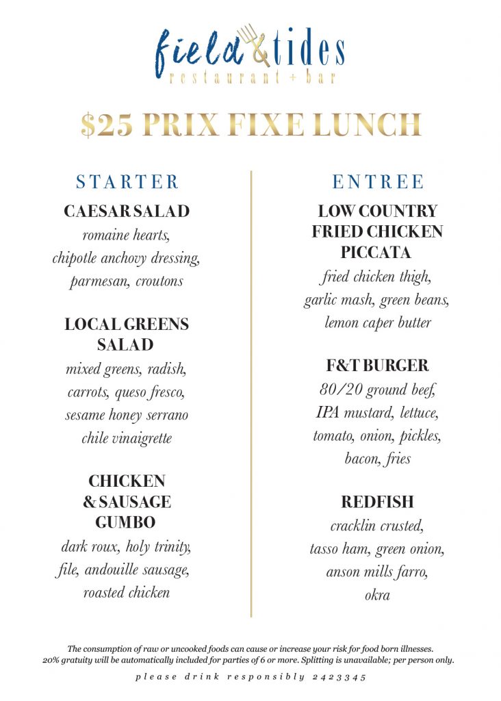 Menu Field and Tides Restaurant & Bar Houston Heights, Texas