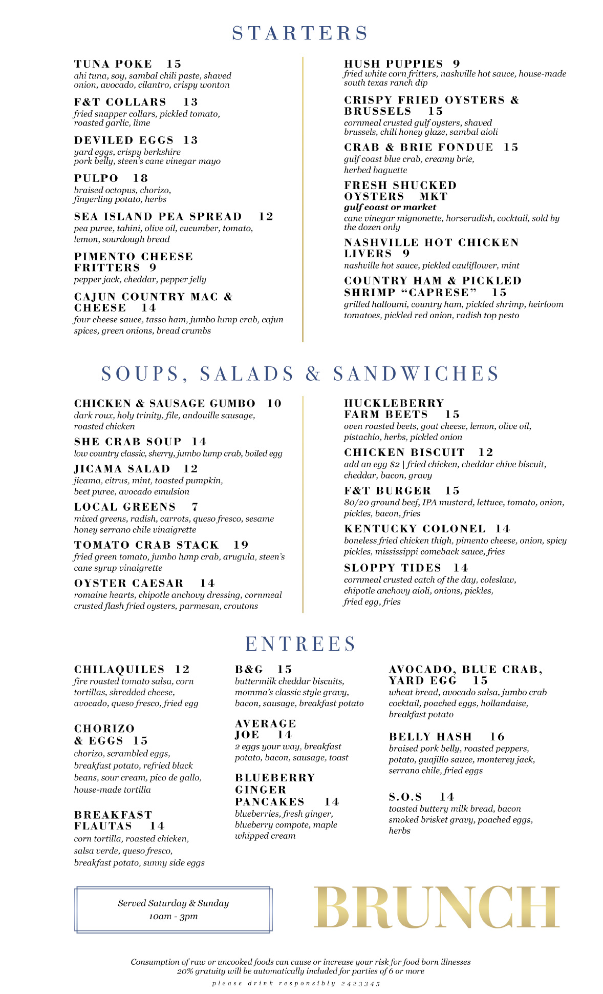 Menu Field and Tides Restaurant & Bar Houston Heights, Texas